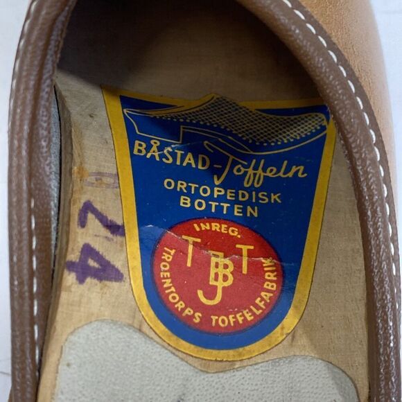 Vintage Girls Swedish Bastad-Toffeln Wood & Tan Leather Clogs Size 24 Us 8 - Picture 11 of 11